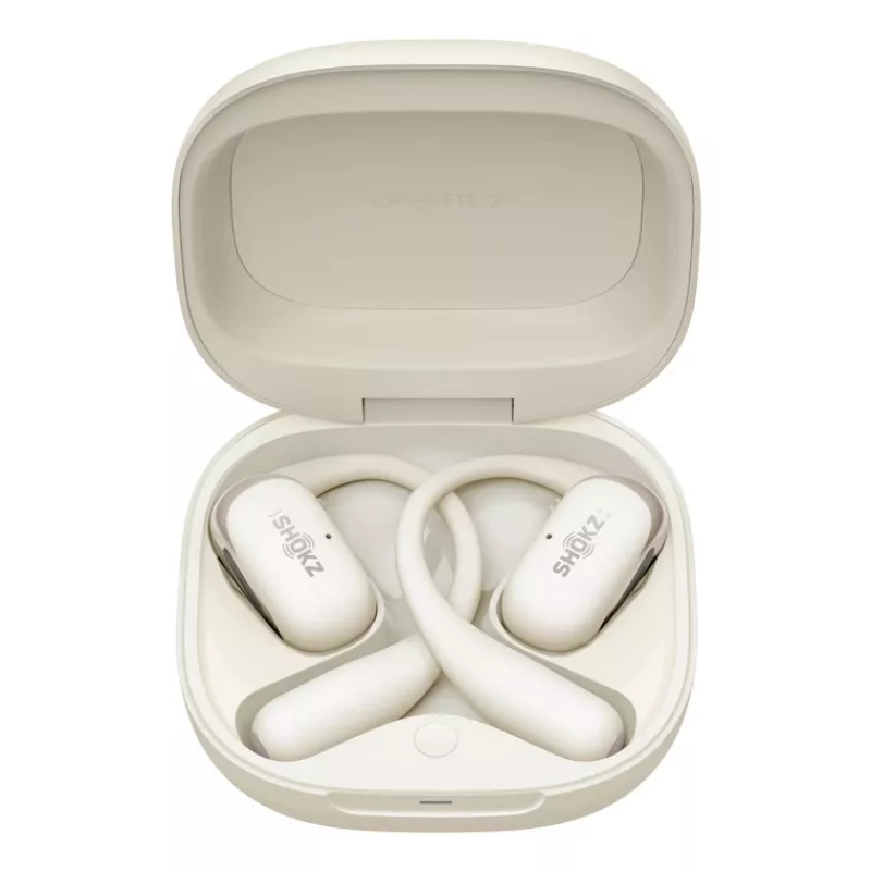 Otwarte bezprzewodowe słuchawki Shokz OpenFit 2 — Bluetooth 5.4, IP55, przewodnictwo kostne, 11 godz. odtwarzania (48 godz. z etui), USB‑C, beżowe
