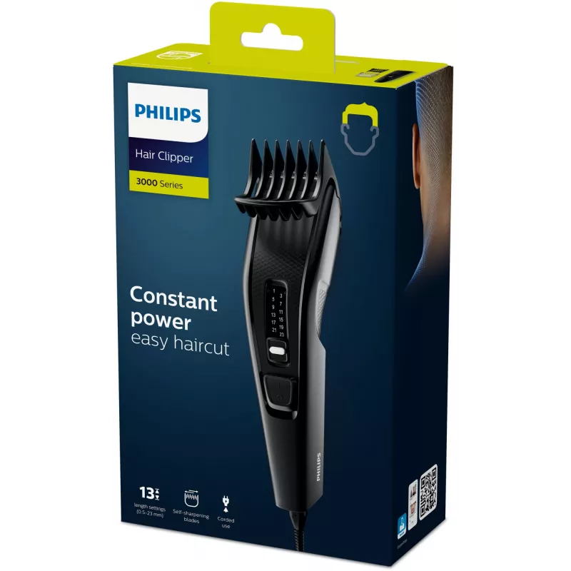 Maszynka do włosów Philips serii 3000 HC3510/15 czarna — ostrza ze stali nierdzewnej, od 0,5 mm do 23 mm, 13 stopni długości