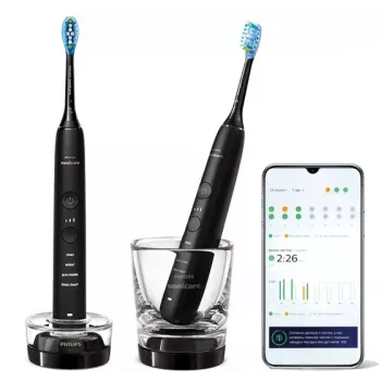 Soniczna szczoteczka elektryczna Philips DiamondClean 9000 HX9914/54, 2 uchwyty, 5 trybów, czarna, Bluetooth, 1 ładowarka