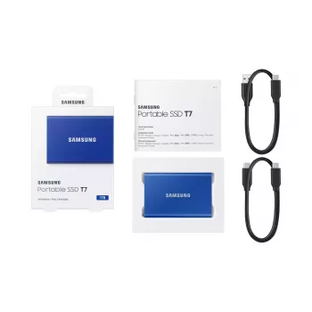 Zewnętrzny dysk SSD Samsung T7 Portable 1 TB, USB-C 3.2 Gen 2, NVMe, szyfrowanie sprzętowe AES-256, niebieski