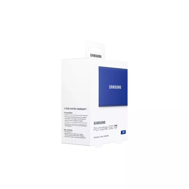 Zewnętrzny dysk SSD Samsung T7 Portable 1 TB, USB-C 3.2 Gen 2, NVMe, szyfrowanie sprzętowe AES-256, niebieski