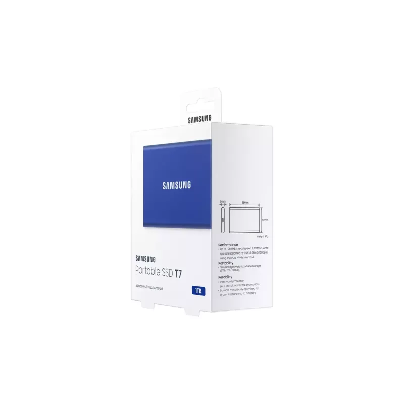Zewnętrzny dysk SSD Samsung T7 Portable 1 TB, USB-C 3.2 Gen 2, NVMe, szyfrowanie sprzętowe AES-256, niebieski