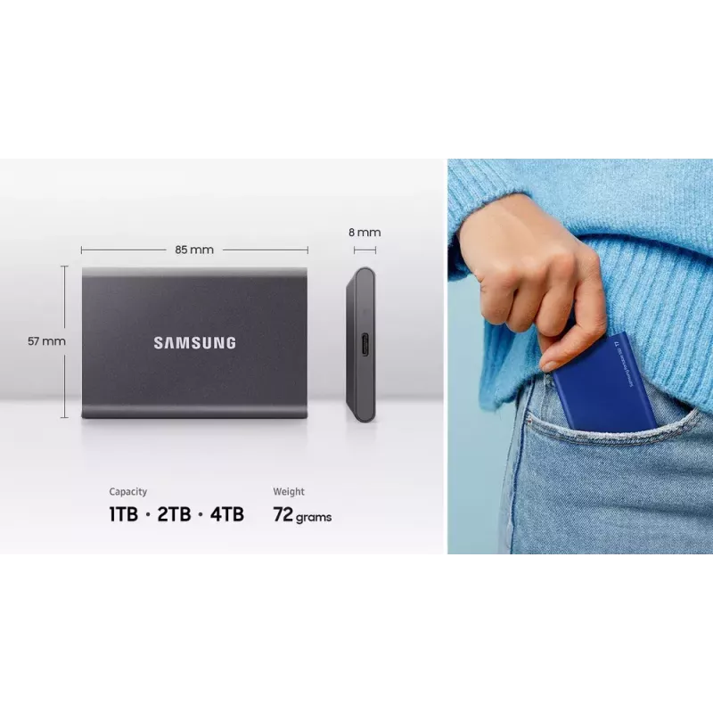 Zewnętrzny dysk SSD Samsung T7 Portable 1 TB, USB-C 3.2 Gen 2, NVMe, szyfrowanie sprzętowe AES-256, niebieski