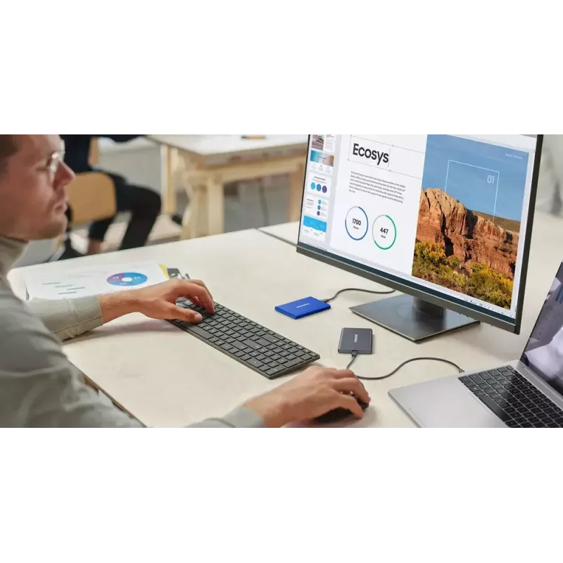 Zewnętrzny dysk SSD Samsung T7 Portable 1 TB, USB-C 3.2 Gen 2, NVMe, szyfrowanie sprzętowe AES-256, niebieski