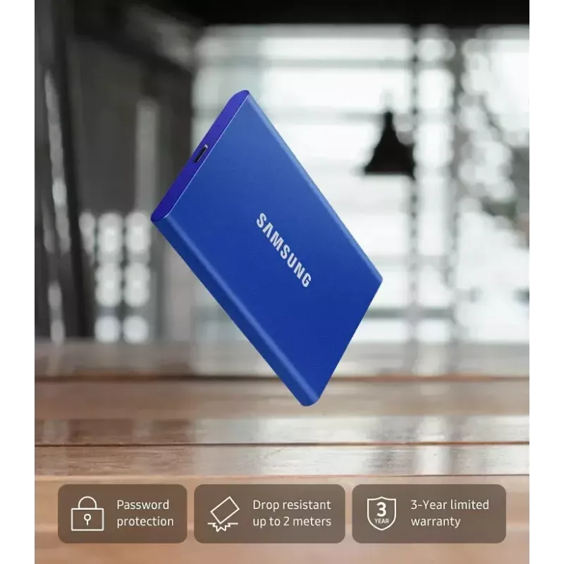Zewnętrzny dysk SSD Samsung T7 Portable 1 TB, USB-C 3.2 Gen 2, NVMe, szyfrowanie sprzętowe AES-256, niebieski