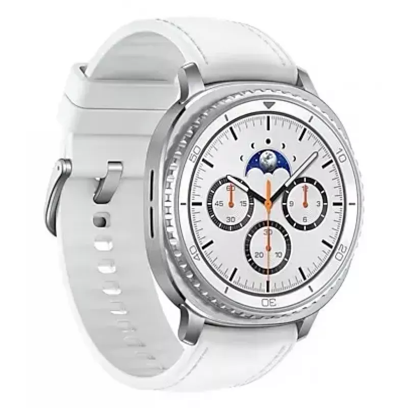 Smartwatch Samsung Galaxy Watch 8 Classic 46 mm — 1.3 cala AMOLED, 438×438, 64 GB, Wi‑Fi, GPS, srebrna koperta, biały pasek