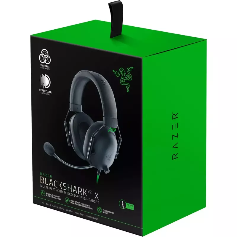 Przewodowy zestaw słuchawkowy gamingowy Razer CzarnyShark V2 X — binauralny, 3,5 mm, 32 Ω, 100 dB, mikrofon z redukcją szumów na wysięgniku, kabel 1,3 m, zielony/czarny