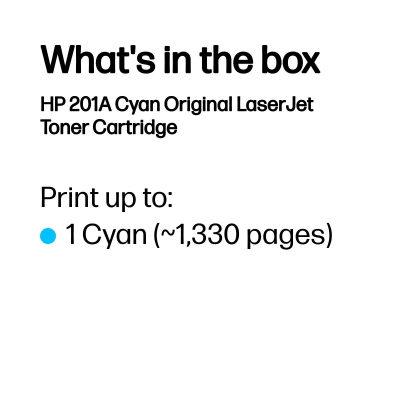 HP 201A Cyan Original LaserJet Toner Cartridge. Wydajność tonera kolorowego: 1330 stron, Kolory druku: Cyan, Ilość w opakowaniu: 1 szt.