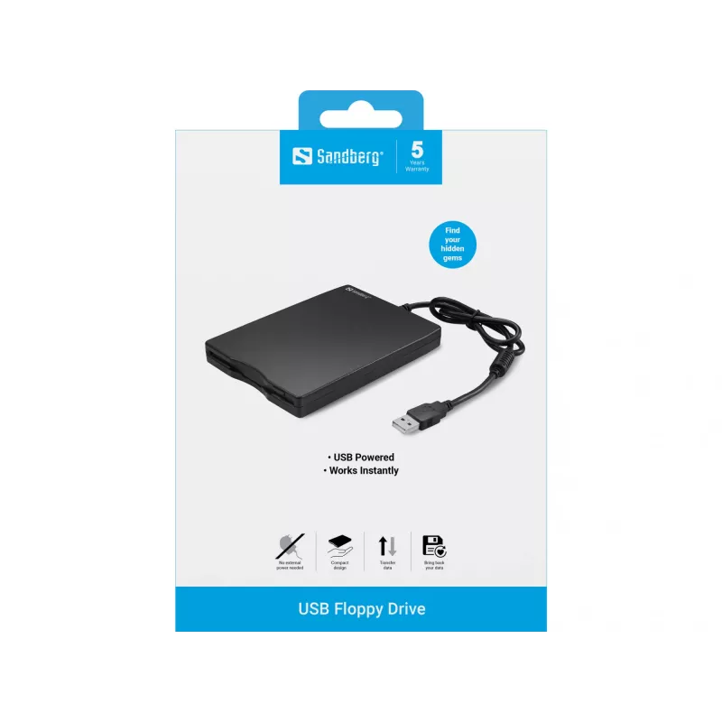 Sandberg USB Floppy Drive, Zewnętrzny napęd dyskietek, USB 2.0, 360 RPM, 102 mm, 140 mm, 17 mm