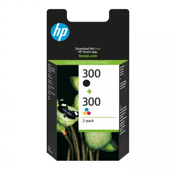 HP 300 Zestaw 2 oryginalnych wkładów atramentowych czarny/trójkolorowy, czarny, cyjan, magenta, żółty, atrament pigmentowy, atrament barwnikowy, 2 szt., 200 stron, 165 stron
