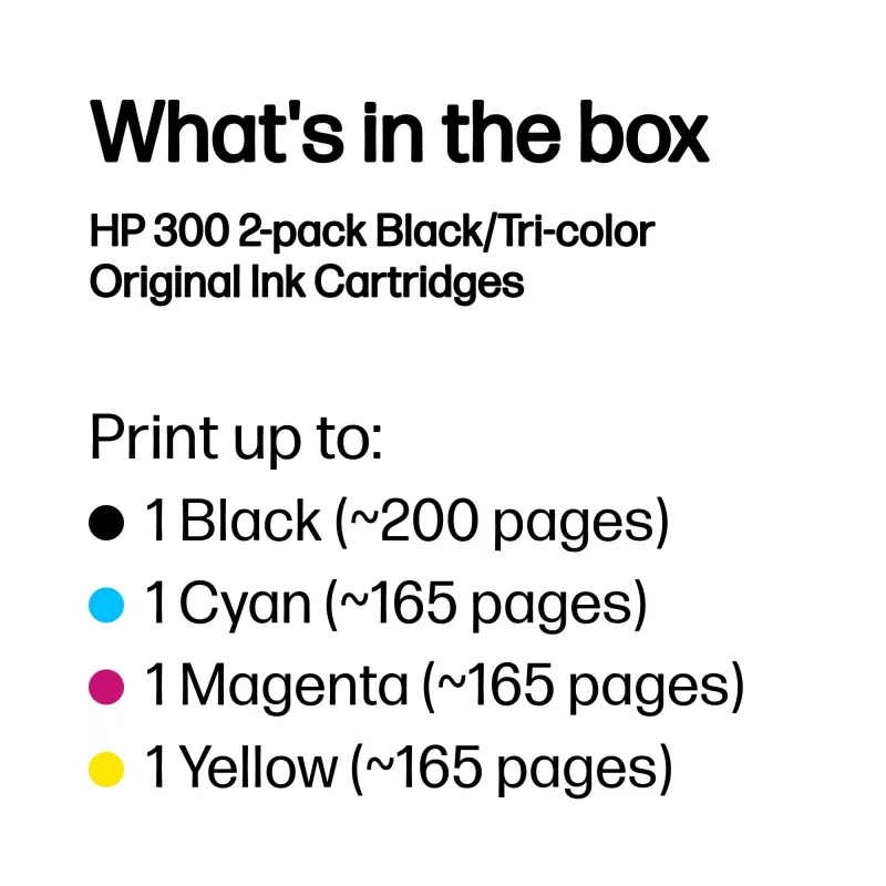 HP 300 Zestaw 2 oryginalnych wkładów atramentowych czarny/trójkolorowy, czarny, cyjan, magenta, żółty, atrament pigmentowy, atrament barwnikowy, 2 szt., 200 stron, 165 stron