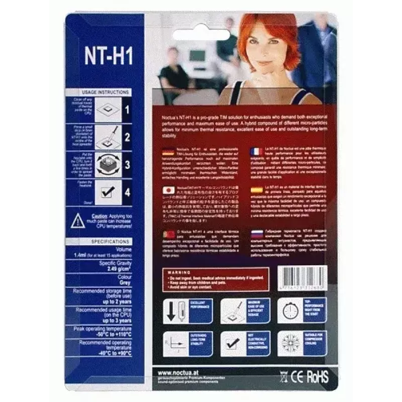 Pasta termoprzewodząca Noctua NT-H1 1.4 g — biała, temperatura pracy od -40 do 90 °C