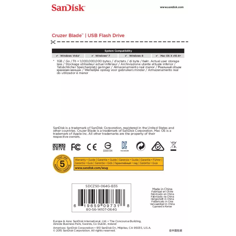 Pamięć flash USB SanDisk 64 GB USB Type-A 2.0 Cruzer Blade