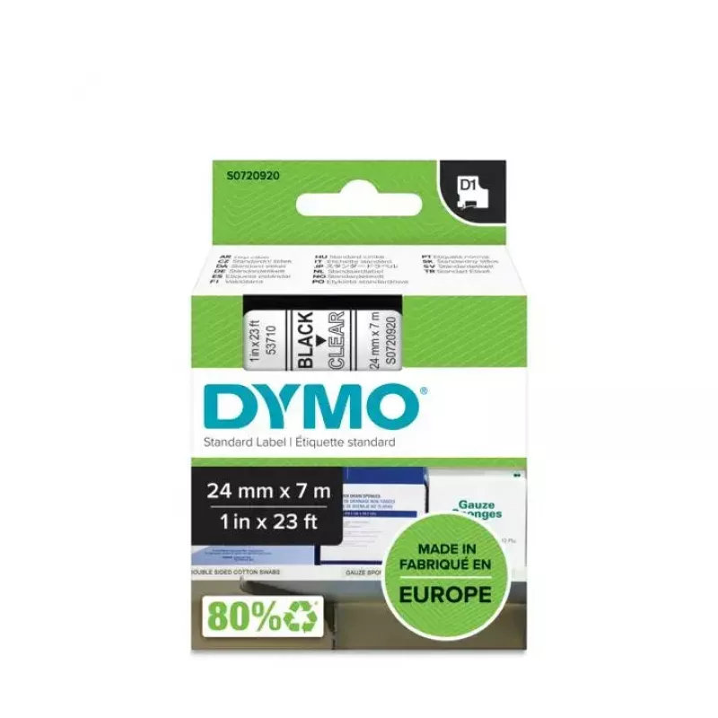 Etykiety DYMO Authentic D1 | Rulon 24 mm x 7 m | Czarny nadruk na przezroczystej | Etykiety samoprzylepne do drukarek etykiet LabelManager