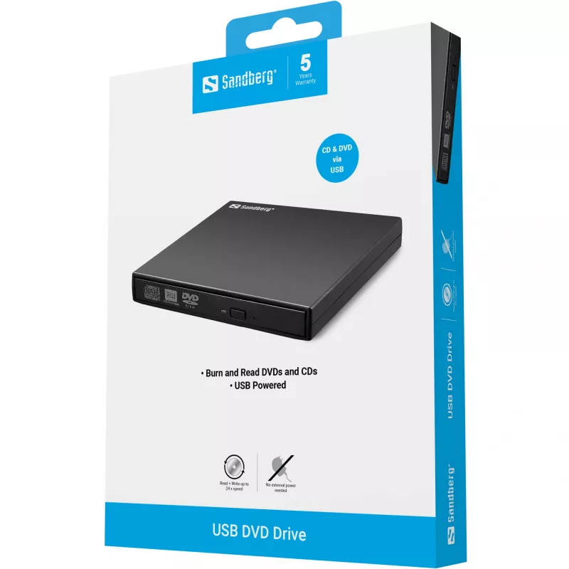 Sandberg USB napęd DVD, czarny, do komputera stacjonarnego/laptopa, DVD Super Multi, USB 2.0, CD-R, CD-ROM, CD-RW, DVD-R, DVD-ROM, DVD-RW, 24x