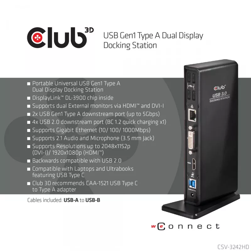 Stacja dokująca CLUB3D USB Gen1 Type A Dual Display (HDMI i DVI) DisplayLink™