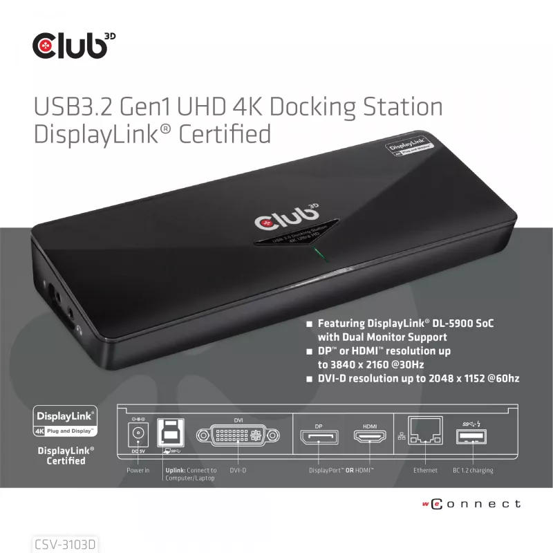 CLUB3D CSV-3103D Stacja dokująca Club 3D Universal USB 3.1 Gen 1 UHD 4K DisplayLink™