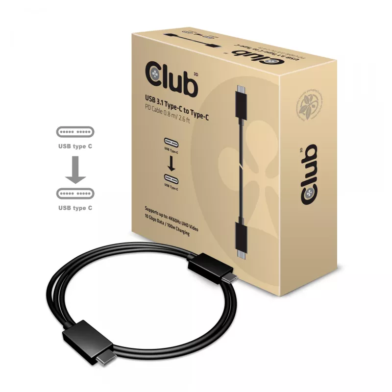 CLUB3D USB Gen2 Type C Video 4K60Hz, Data 10Gbps i Ładowanie 100W 1M M/F
