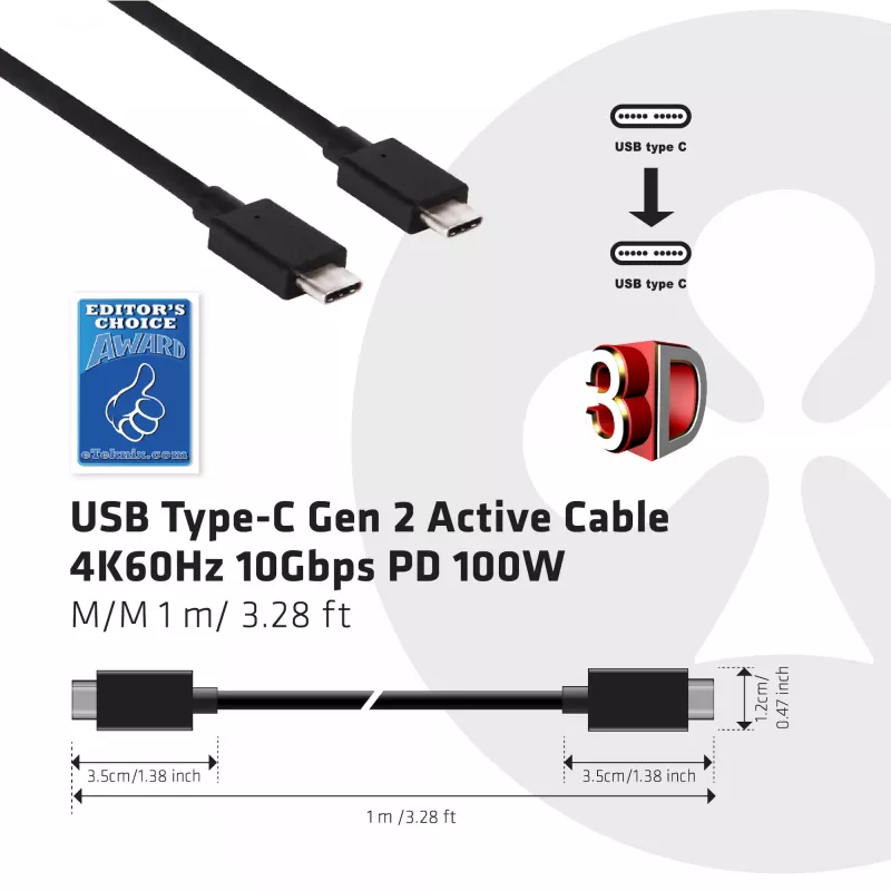 CLUB3D USB Gen2 Type C Video 4K60Hz, Data 10Gbps i Ładowanie 100W 1M M/F