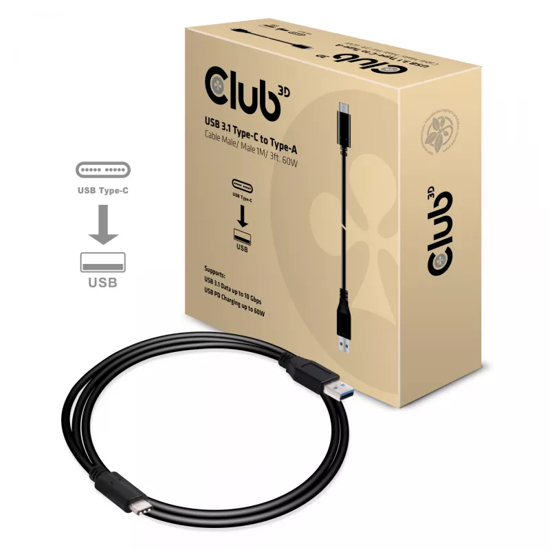 Kabel CLUB3D USB 3.1 Type-C na Type-A 10Gbps PD 60W M/M 1m/3.28ft