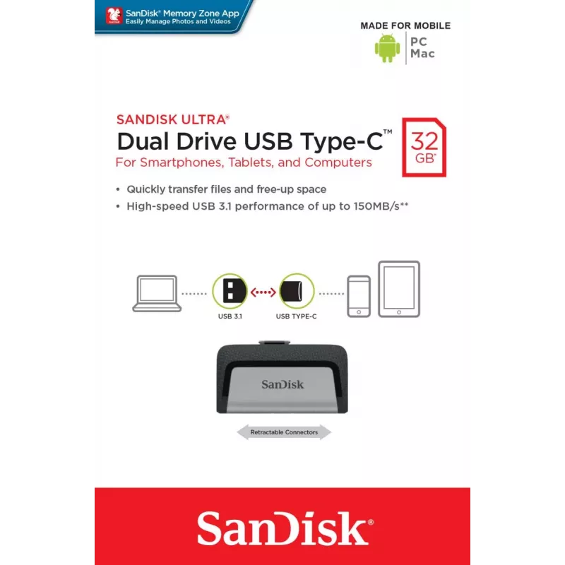 Pendrive USB SanDisk 32GB USB Type-A USB Type-C Ultra Dual Drive