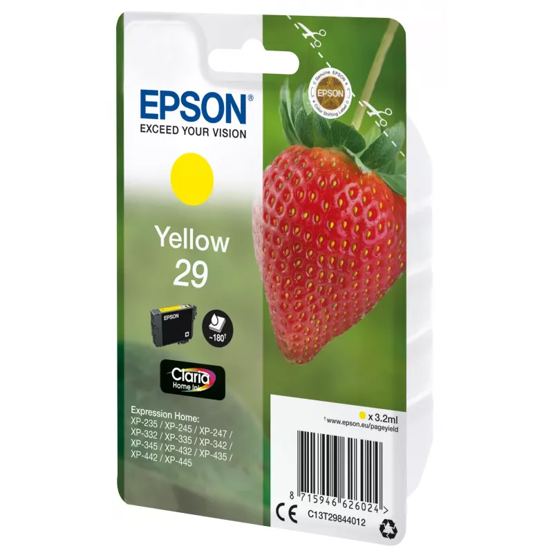 Epson Strawberry pojedyncze opakowanie Żółty 29 Claria Home Ink, standardowa wydajność, żółty, atrament pigmentowy, 3.2 ml, 1 szt., 180 stron