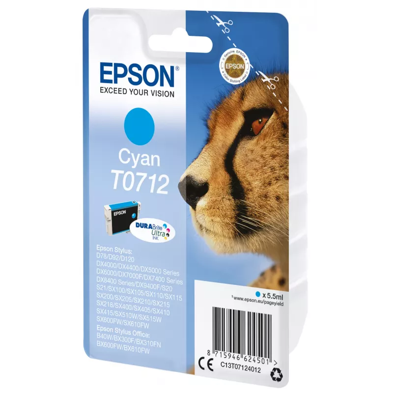 Epson Singlepack Cyjan T0712 DURABrite Ultra tusz, standardowa wydajność, Cyjan, 5.5 ml, 1 szt.