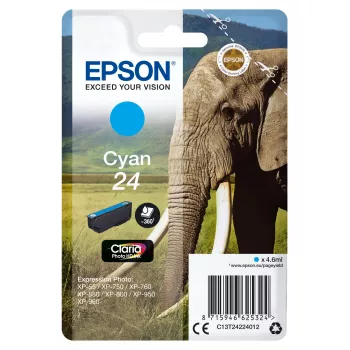 Epson Elephant Singlepack Cyjan 24 Claria Photo HD atrament, standardowa wydajność, cyjan, atrament barwnikowy, 4.6 ml, 1 szt., 360 stron