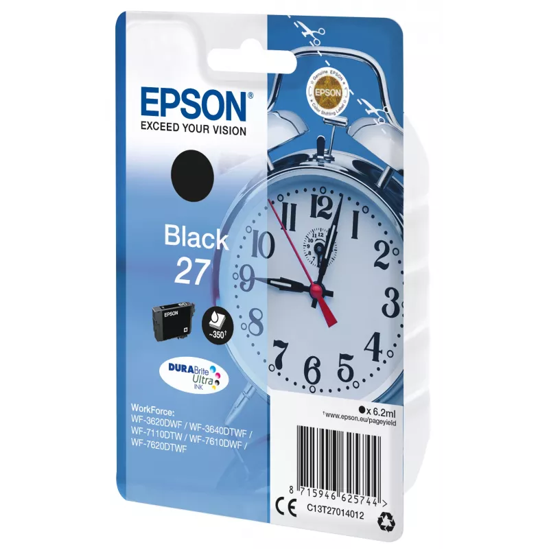 Epson Zegar budzik Pojedyncze opakowanie Czarny 27 DURABrite Ultra Ink, Wydajność standardowa, Czarny, Atrament pigmentowy, 6,2 ml, 1 szt., 350 stron