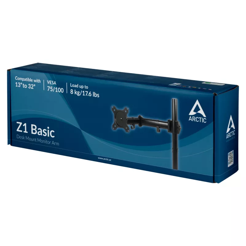 ARCTIC Z1 Basic - Ramię do monitora z mocowaniem biurkowym, zacisk, 8 kg, 33 cm (13 cali), 81,3 cm (32 cale), 100 x 100 mm, czarny