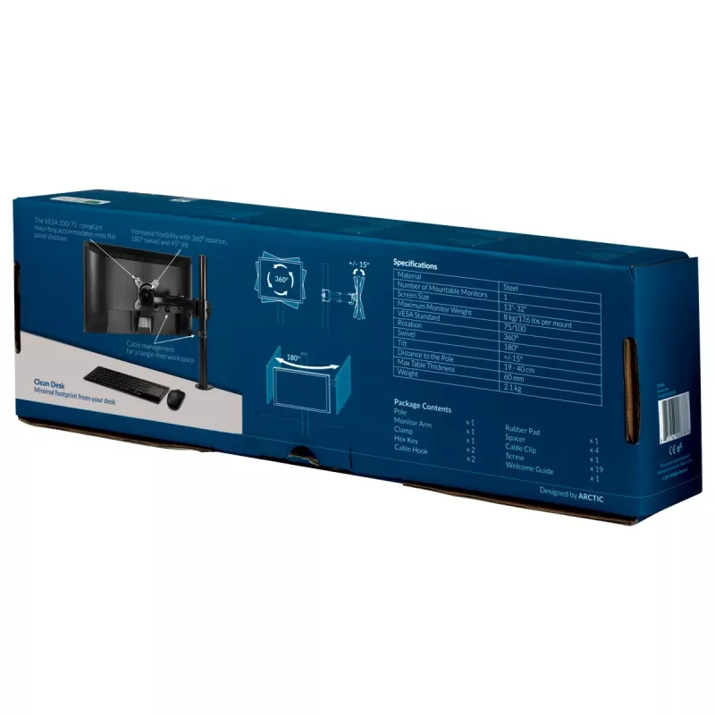 ARCTIC Z1 Basic - Ramię do monitora z mocowaniem biurkowym, zacisk, 8 kg, 33 cm (13 cali), 81,3 cm (32 cale), 100 x 100 mm, czarny