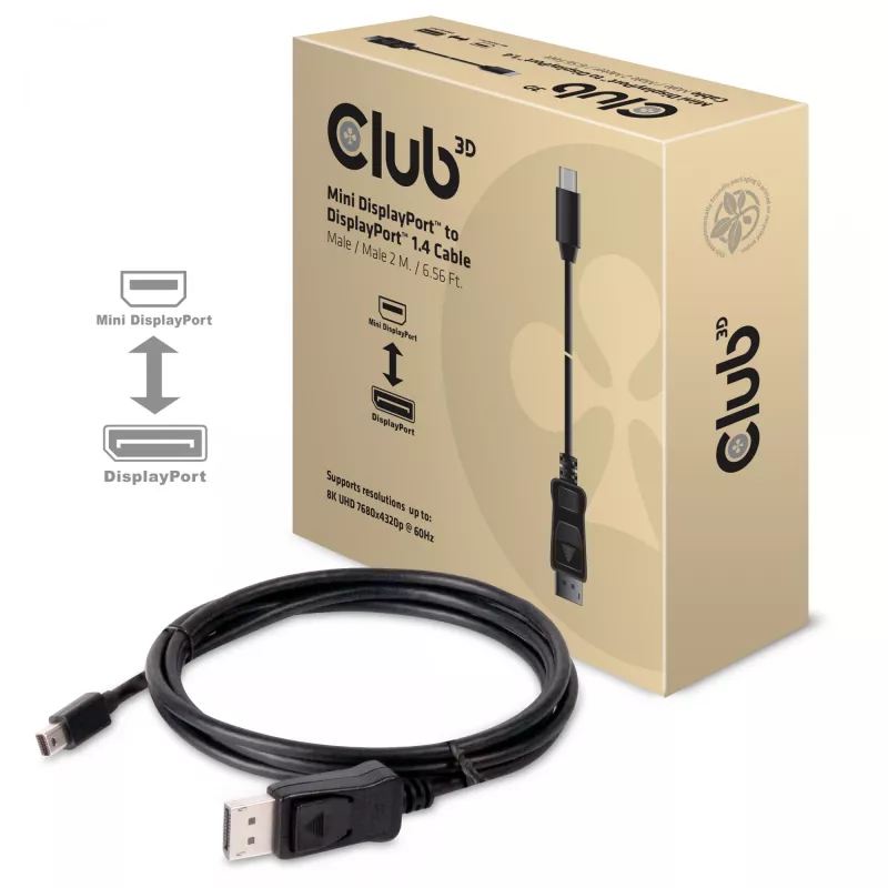 Kabel CLUB3D Mini DisplayPort na DisplayPort 1.4 HBR3 8K60Hz, 2 metry / 6.56 stopy