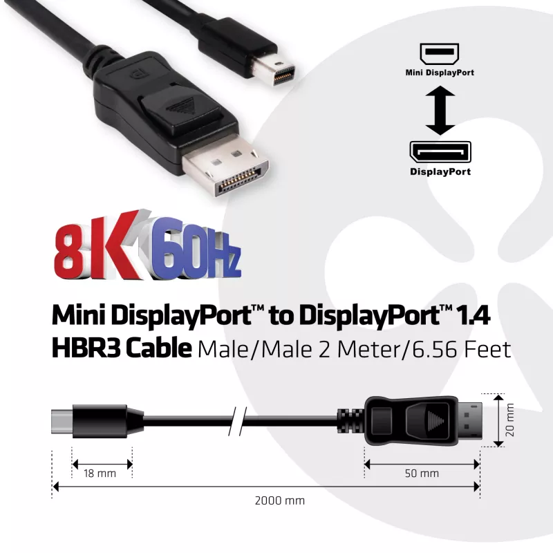 Kabel CLUB3D Mini DisplayPort na DisplayPort 1.4 HBR3 8K60Hz, 2 metry / 6.56 stopy
