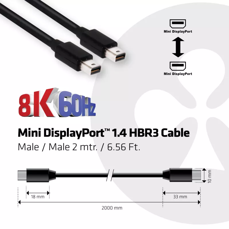 CLUB3D Mini DisplayPort 1.4 Kabel HBR3 8K60Hz Męski / Męski 2 m / 6,56 stopy