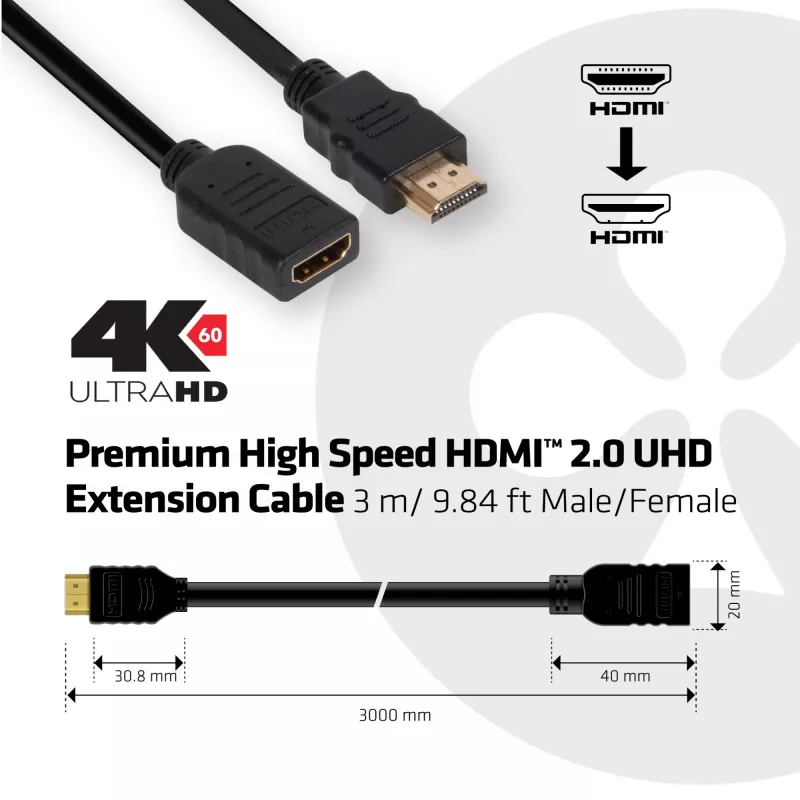 Przedłużacz HDMI™ 2.0 High Speed CLUB3D 4K60Hz 3m/9,8ft Męski/Żeński