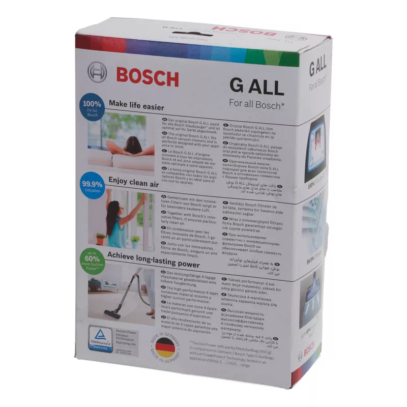 Akcesoria do odkurzacza Bosch BBZ 41FGALL — 4 worki na kurz i 1 filtr, waga 0,14 kg, kompaktowe opakowanie