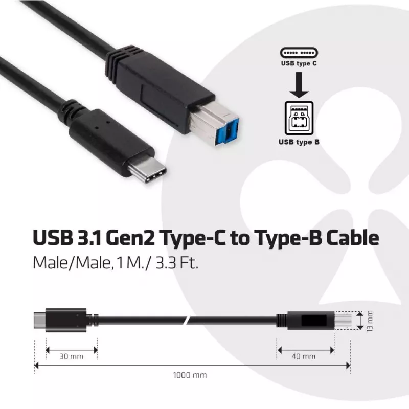 Kabel CLUB3D USB 3.1 Gen2 Type-C do Type-B męski/męski, 1 M./ 3.3 Ft.