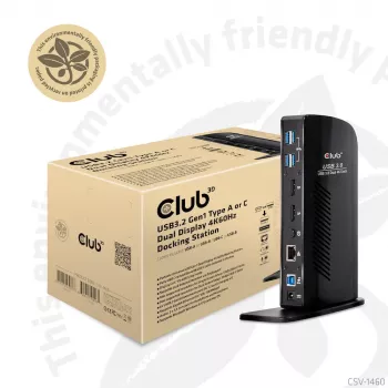 Stacja dokująca CLUB3D USB3.2 Gen1 Typ A lub C z podwójnym wyświetlaczem 4K60Hz, certyfikowana DisplayLink®