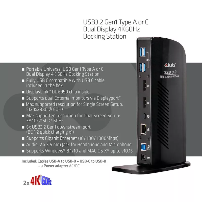 Stacja dokująca CLUB3D USB3.2 Gen1 Typ A lub C z podwójnym wyświetlaczem 4K60Hz, certyfikowana DisplayLink®