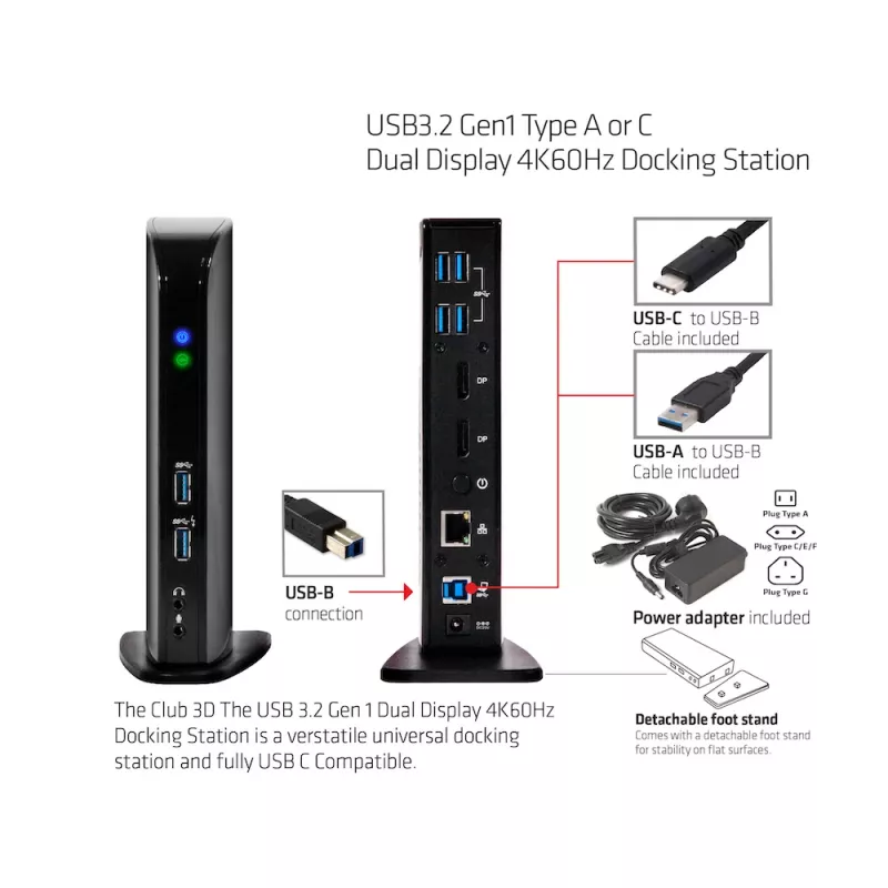Stacja dokująca CLUB3D USB3.2 Gen1 Typ A lub C z podwójnym wyświetlaczem 4K60Hz, certyfikowana DisplayLink®