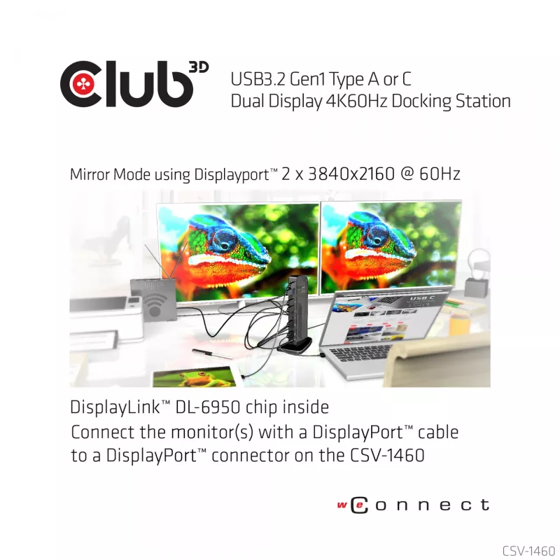 Stacja dokująca CLUB3D USB3.2 Gen1 Typ A lub C z podwójnym wyświetlaczem 4K60Hz, certyfikowana DisplayLink®