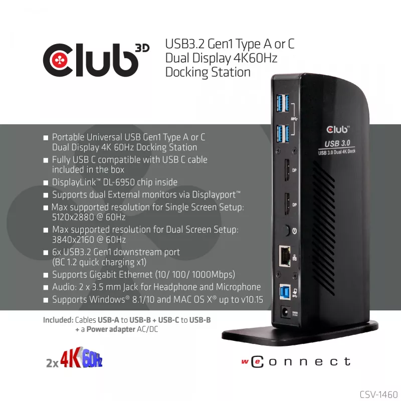 Stacja dokująca CLUB3D USB3.2 Gen1 Typ A lub C z podwójnym wyświetlaczem 4K60Hz, certyfikowana DisplayLink®
