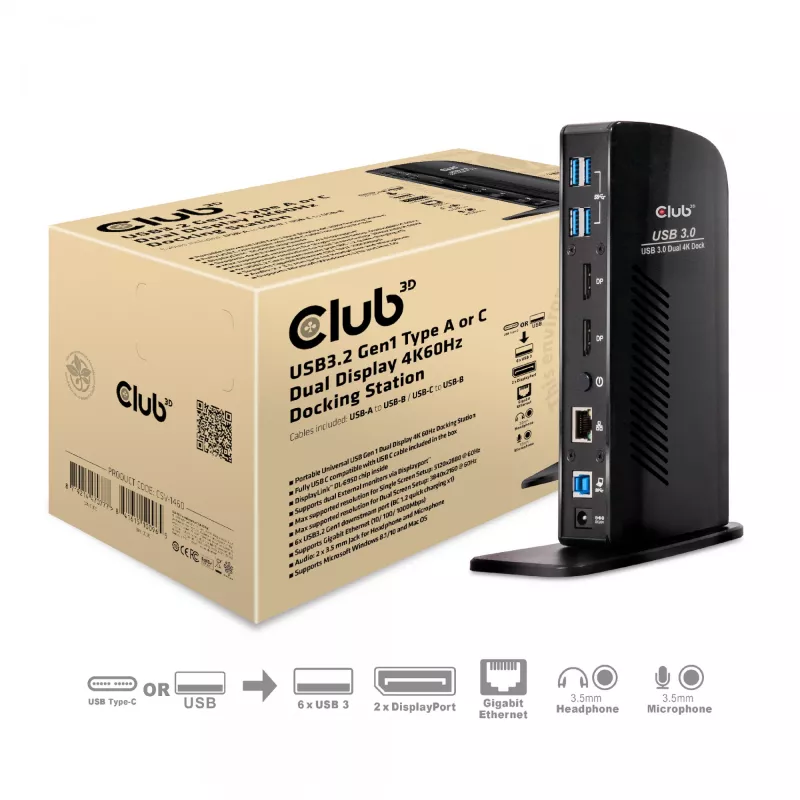 Stacja dokująca CLUB3D USB3.2 Gen1 Typ A lub C z podwójnym wyświetlaczem 4K60Hz, certyfikowana DisplayLink®