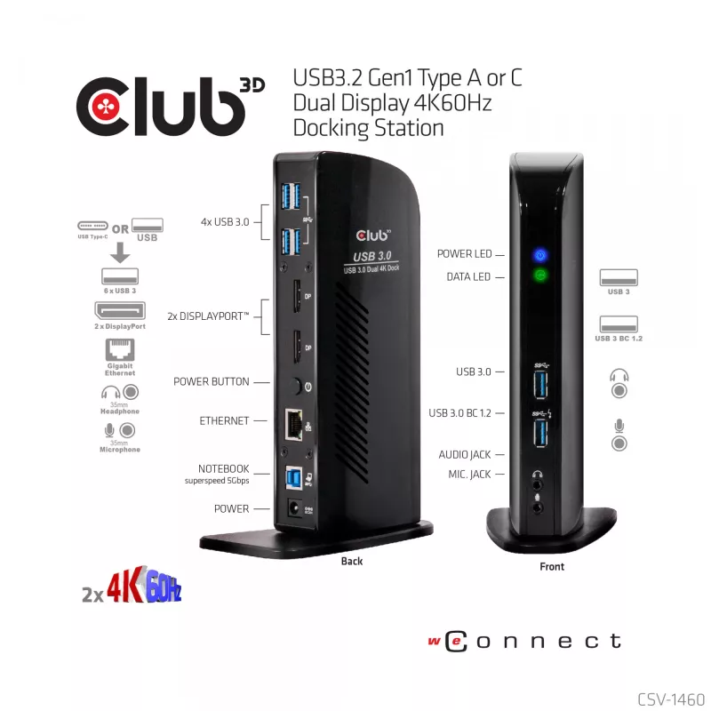 Stacja dokująca CLUB3D USB3.2 Gen1 Typ A lub C z podwójnym wyświetlaczem 4K60Hz, certyfikowana DisplayLink®