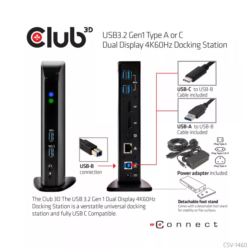 Stacja dokująca CLUB3D USB3.2 Gen1 Typ A lub C z podwójnym wyświetlaczem 4K60Hz, certyfikowana DisplayLink®