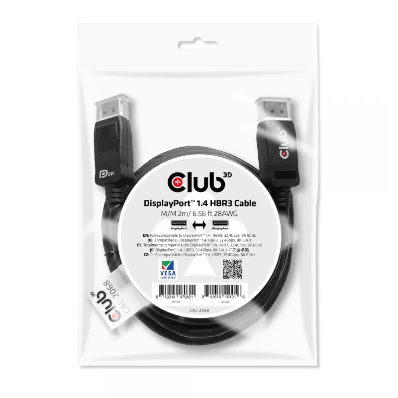 Kabel CLUB3D DisplayPort 1.4 HBR3 2m/6.56ft M/M 8K60Hz
