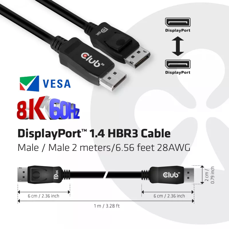 Kabel CLUB3D DisplayPort 1.4 HBR3 2m/6.56ft M/M 8K60Hz