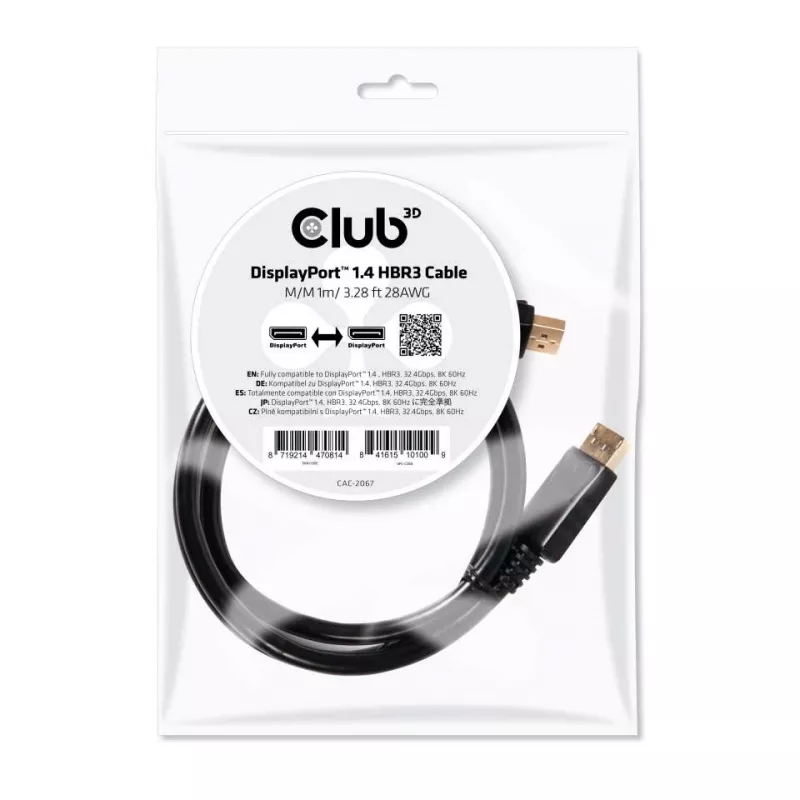 Kabel CLUB3D DisplayPort 1.4 HBR3 1m/3.28ft Męski/Męski 8K60Hz