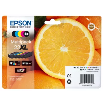 Epson Oranges Multipack 5 kolorów 33XL Claria Premium Ink, wysoki (XL) wydatek, czarny, czarny fotograficzny, cyjan, magenta, żółty, atrament pigmentowy, atrament barwnikowy, 12.2 ml, 8.9 ml