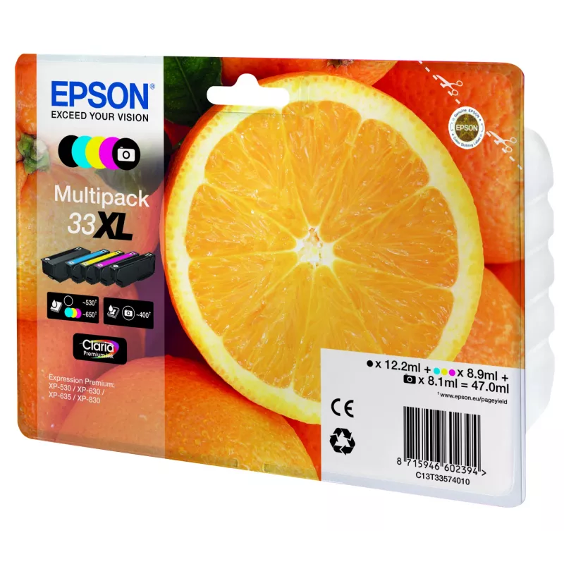 Epson Oranges Multipack 5 kolorów 33XL Claria Premium Ink, wysoki (XL) wydatek, czarny, czarny fotograficzny, cyjan, magenta, żółty, atrament pigmentowy, atrament barwnikowy, 12.2 ml, 8.9 ml